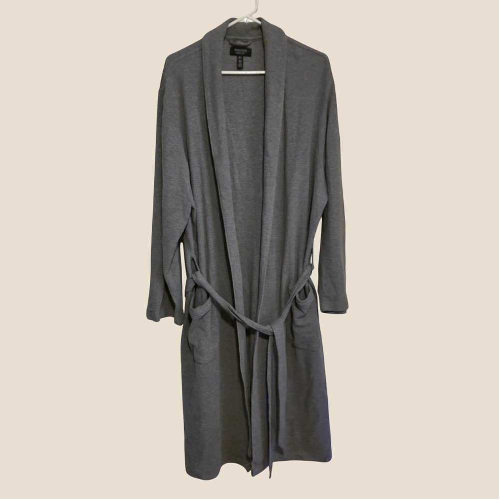 Nordstrom Mens Waffle Knit Robe Size Medium Gray Cotton Blend Belted Loungewear
